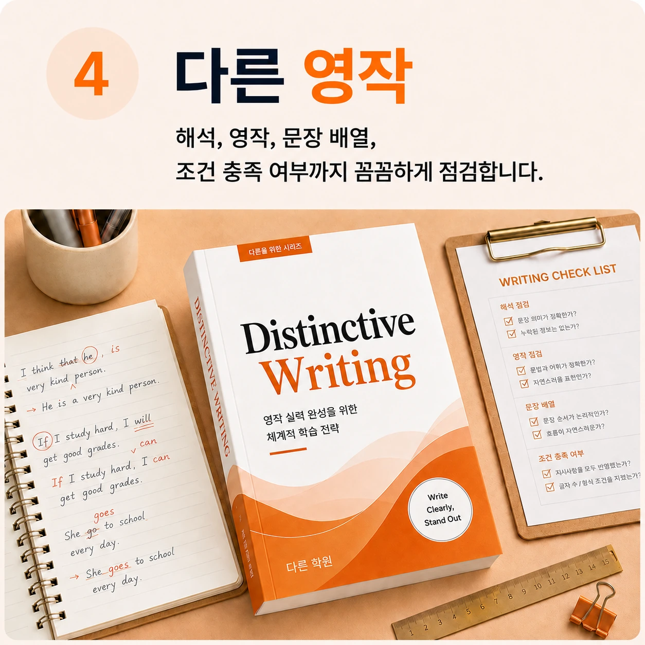 다른 영작: 해석, 영작, 문장 배열, 조건 충족 여부까지 꼼꼼하게 점검합니다.