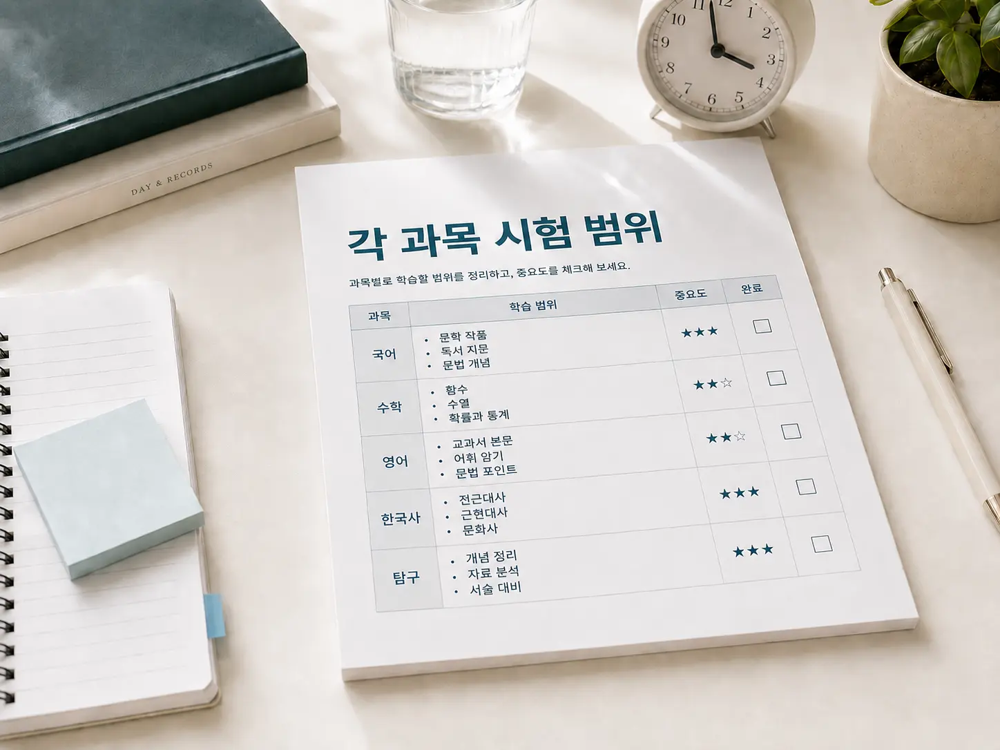 각 과목 시험 범위 정리 실사 이미지